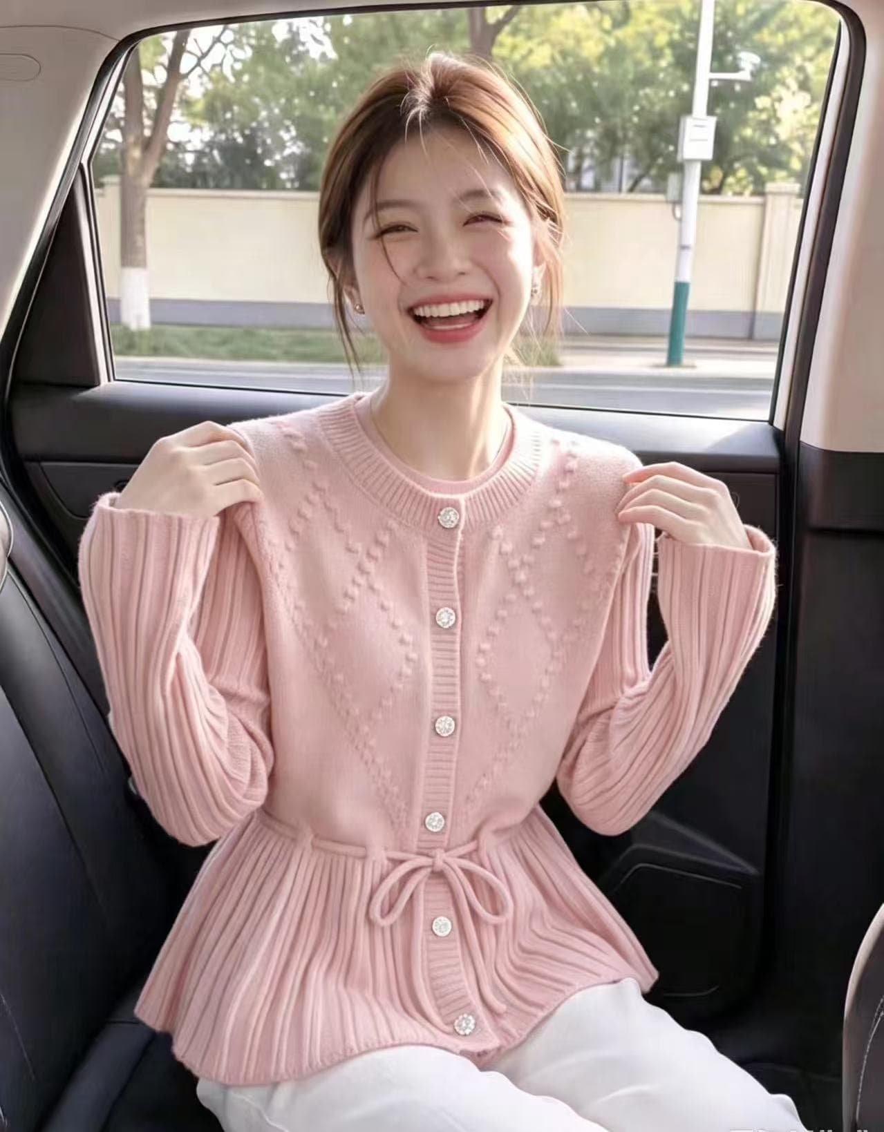 한 부서 부드러운 허리 수축 스트랩 니트 오픈 가디건 여성 링 그리드 자카드 연꽃 잎 밑단 슬림해 보이는 긴팔 스웨터 코트 상세 이미지 2
