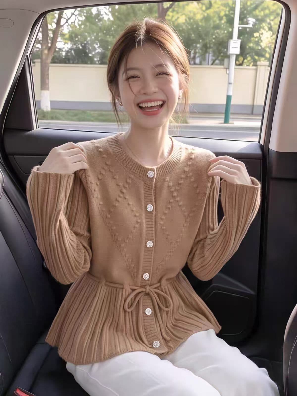 한 부서 부드러운 허리 수축 스트랩 니트 오픈 가디건 여성 링 그리드 자카드 연꽃 잎 밑단 슬림해 보이는 긴팔 스웨터 코트 상세 이미지 4