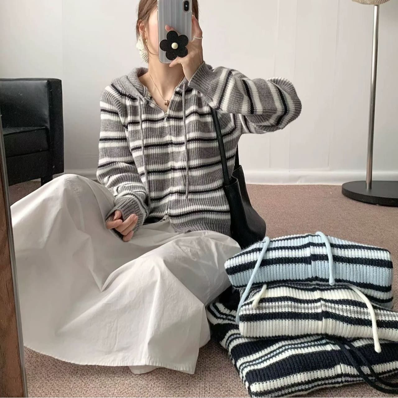 한 부서 캐주얼 스트라이프 후드 니트 스웨터 여성 반 개방 지퍼 와이드 부드러운 찹쌀 슬림해 보이는 다용도 풀오버 이미지 5