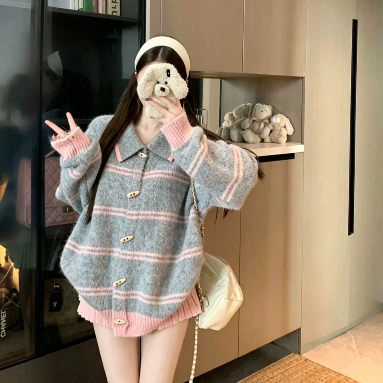 한 부서 레트로 폴로 칼라 스트라이프 소뿔 버클 니트 오픈 가디건 여성 부드러운 찹쌀 느긋한 루즈핏 배색 스웨터 코트 맨위 이미지 3