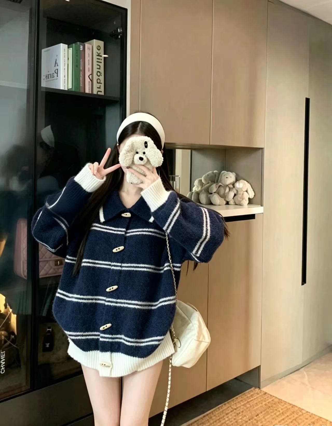 한 부서 레트로 폴로 칼라 스트라이프 소뿔 버클 니트 오픈 가디건 여성 부드러운 찹쌀 느긋한 루즈핏 배색 스웨터 코트 맨위 상세 이미지 7