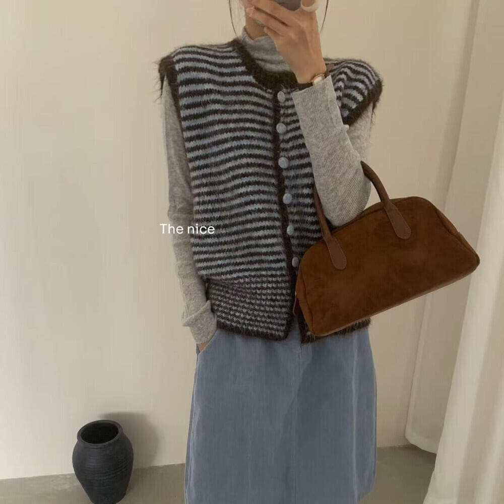 한 부서 연령 감소 품격 니트 오픈 가디건 조끼 여자 가을 스택 착용 루즈핏 민소매 부드러운 찹쌀 찹쌀 스트라이프 스웨터 조끼 상세 이미지 1
