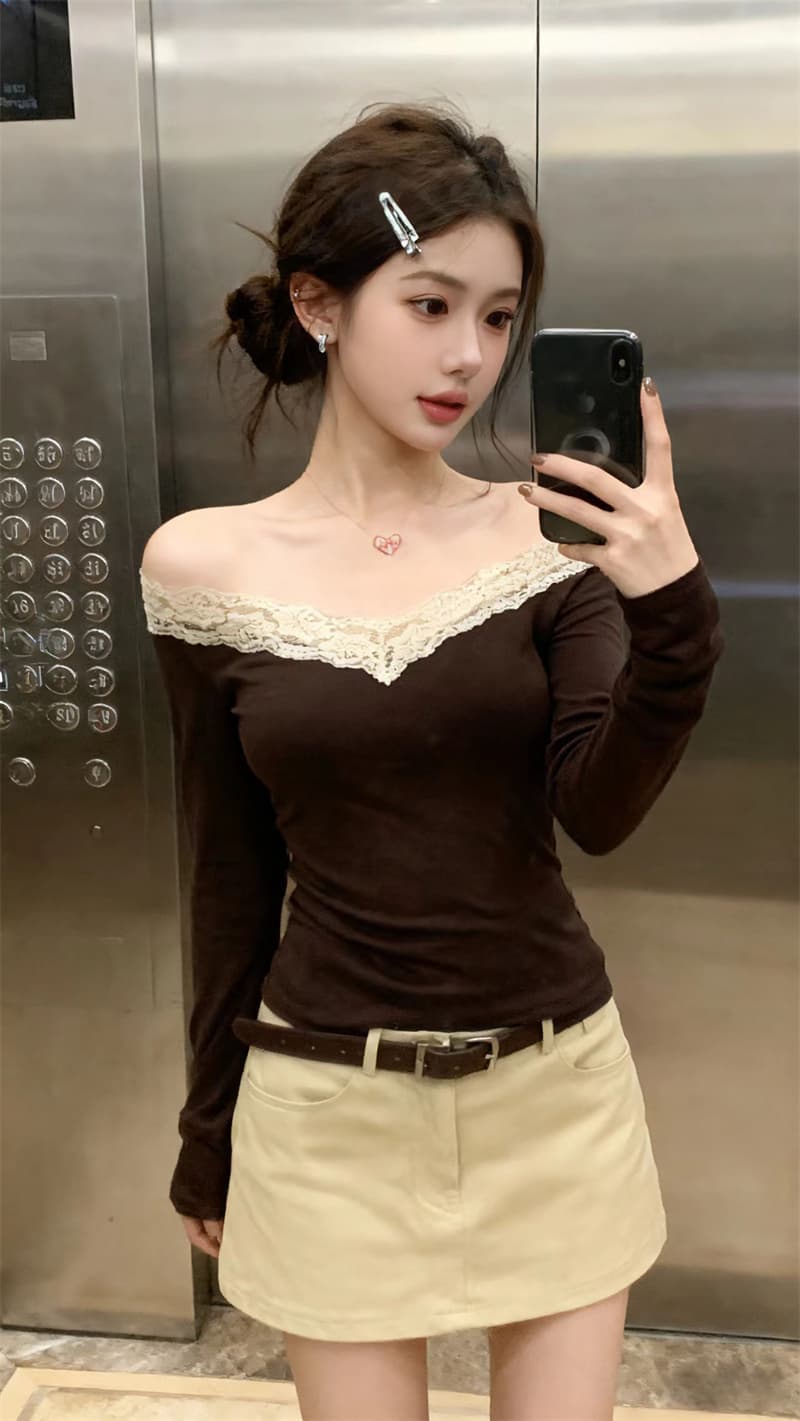 있음 보호 봄 새로운 레이스 조각 오프숄더 허리 수축 슬림해 보이는 긴팔 기본 셔츠 순수한 욕망 인사이드 가져 가라. 티셔츠 여성 상세 이미지 6