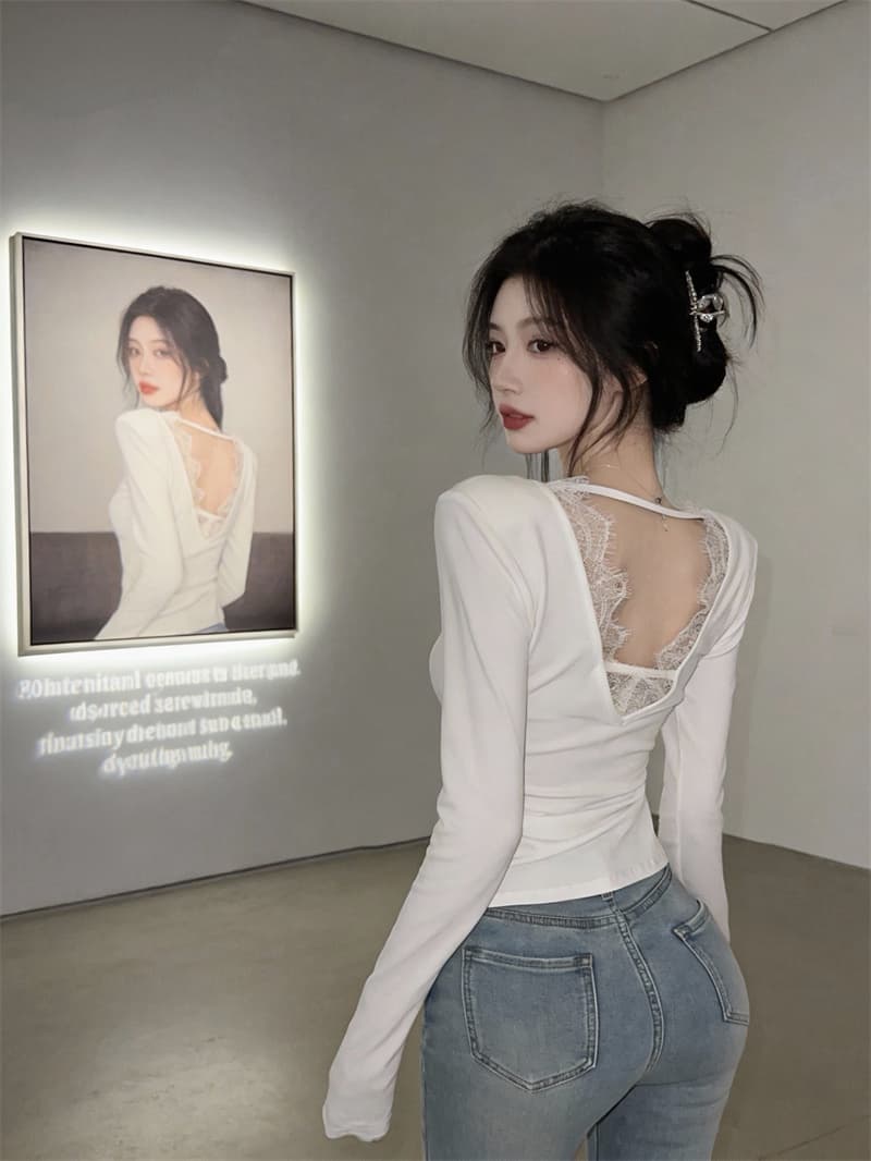 있음 보호 봄 새로운 전후 둘 착용 달콤한 매운맛 순수한 욕망 바람 레이스 조각 깊은 V 넥 긴팔 티셔츠 여성 셔츠 상세 이미지 1