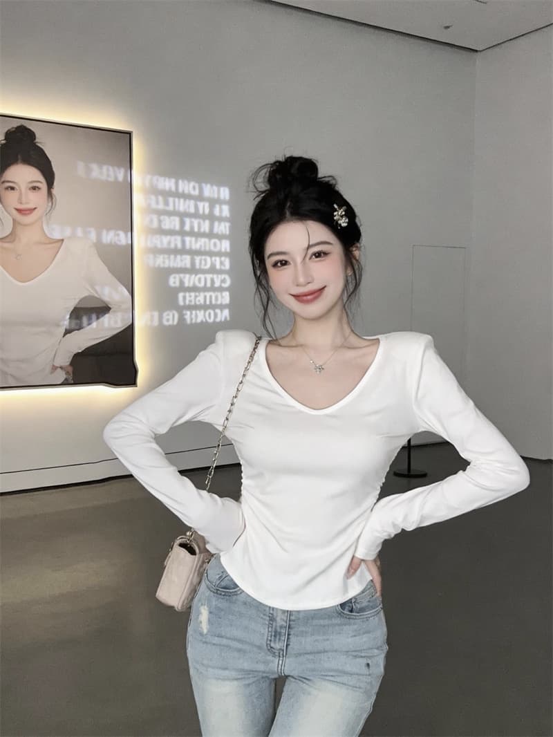 있음 보호 봄 새로운 전후 둘 착용 달콤한 매운맛 순수한 욕망 바람 레이스 조각 깊은 V 넥 긴팔 티셔츠 여성 셔츠 상세 이미지 2