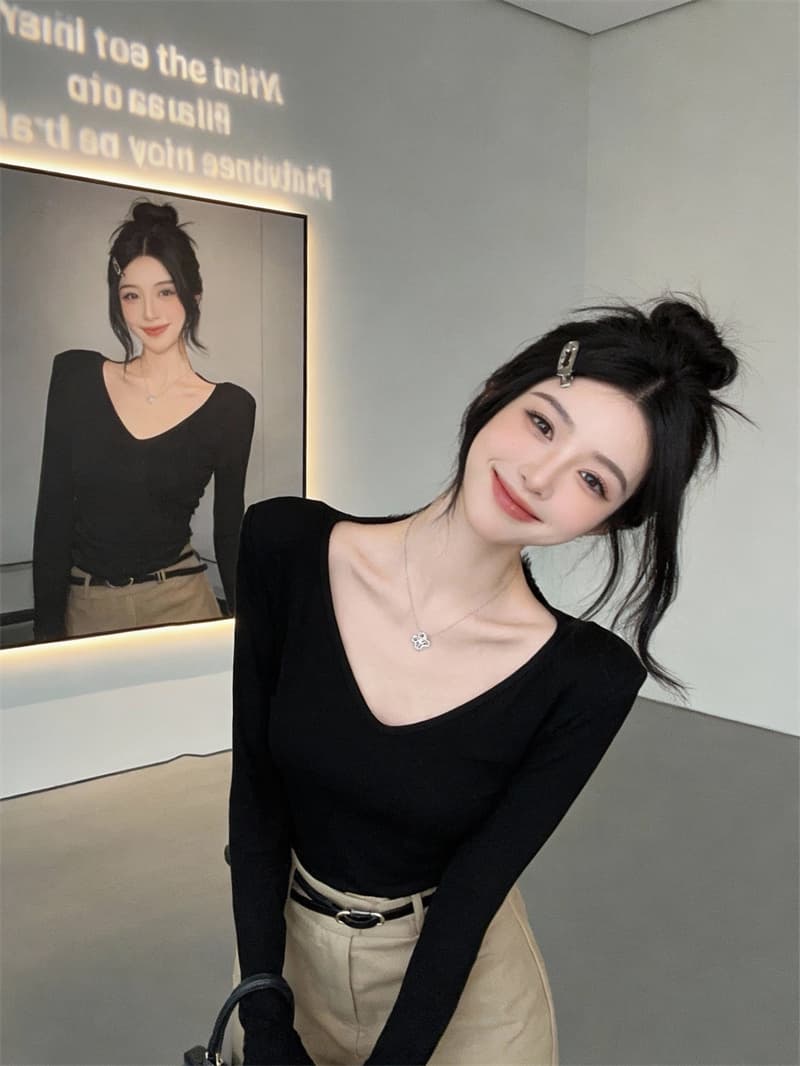 있음 보호 봄 새로운 전후 둘 착용 달콤한 매운맛 순수한 욕망 바람 레이스 조각 깊은 V 넥 긴팔 티셔츠 여성 셔츠 상세 이미지 8