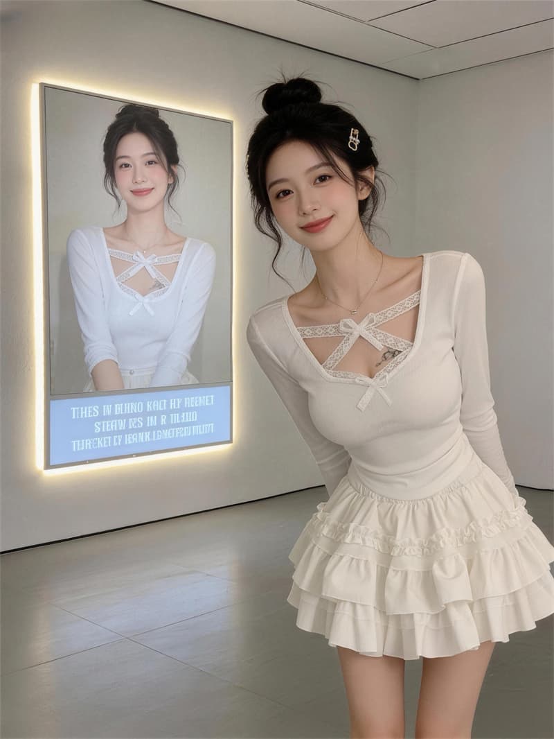 있음 보호 봄 새로운 순수한 욕망 바람 레이스 조각 십자가 칼라 긴팔 티셔츠 여성 고급 센스 달콤한 매운맛 기본 셔츠