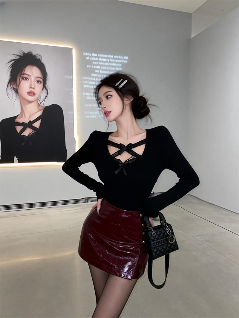 있음 보호 봄 새로운 순수한 욕망 바람 레이스 조각 십자가 칼라 긴팔 티셔츠 여성 고급 센스 달콤한 매운맛 기본 셔츠 이미지 4