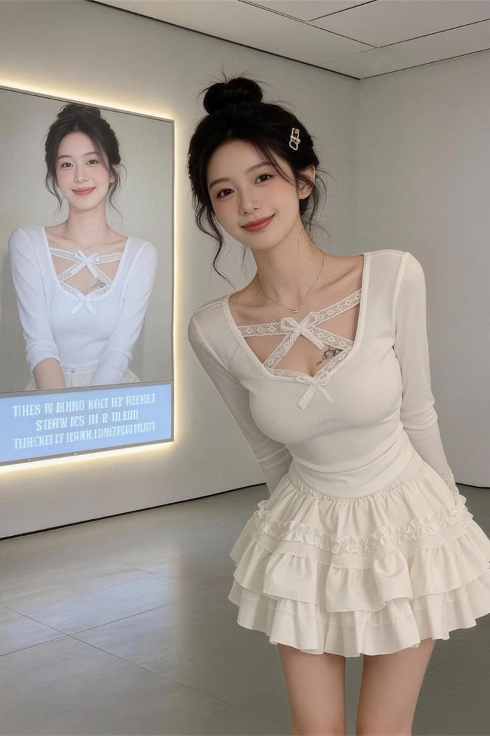 있음 보호 봄 새로운 순수한 욕망 바람 레이스 조각 십자가 칼라 긴팔 티셔츠 여성 고급 센스 달콤한 매운맛 기본 셔츠 이미지 6