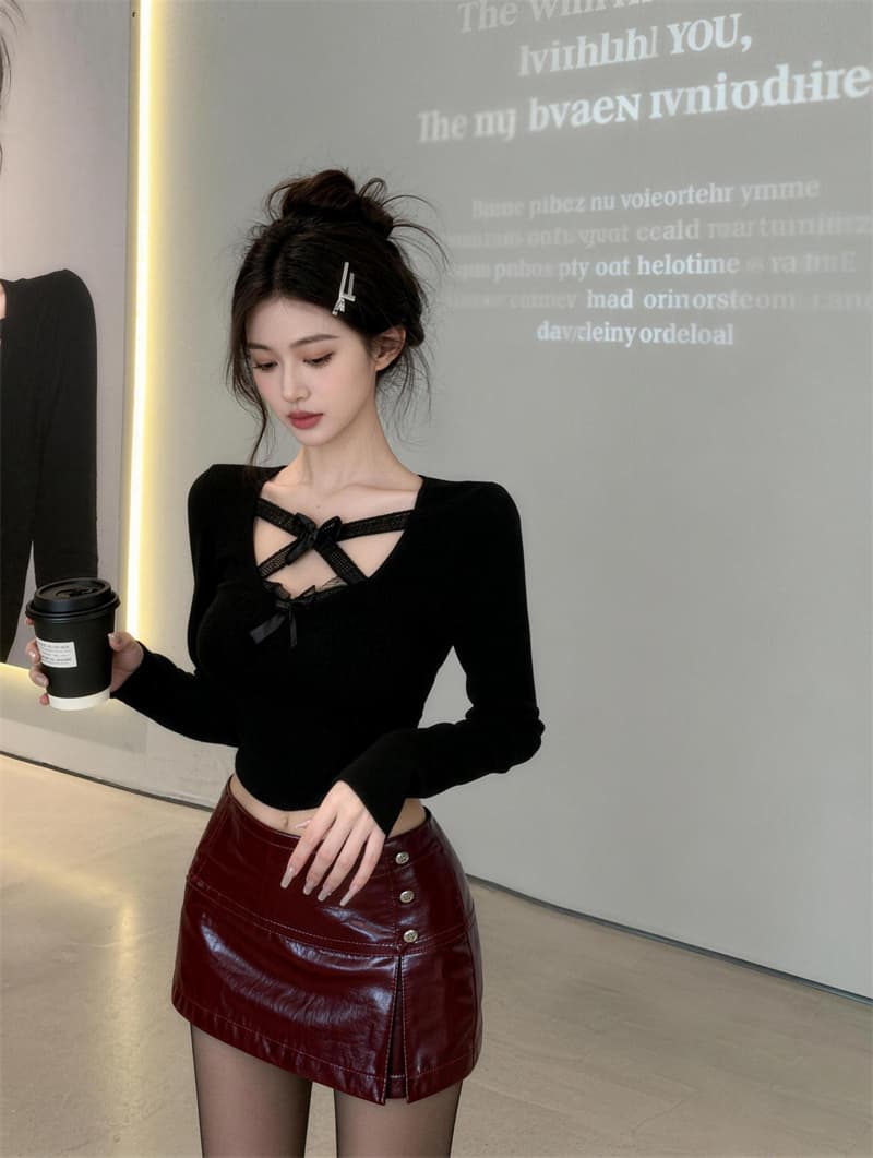 있음 보호 봄 새로운 순수한 욕망 바람 레이스 조각 십자가 칼라 긴팔 티셔츠 여성 고급 센스 달콤한 매운맛 기본 셔츠 상세 이미지 5