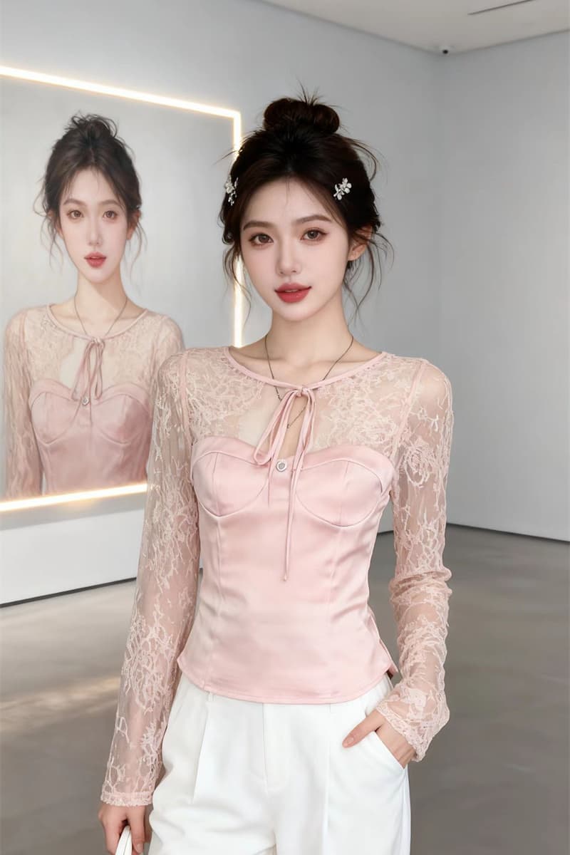 있음 보호 봄 새로운 순수한 욕망 달콤한 매운맛 섹시함 레이스 디자인 센스 새틴 긴팔 맨위 몸매 가꾸기 티셔츠 여성