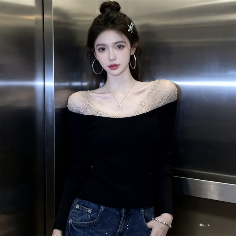 있음 보호 빛 럭셔리 디자인 센스 무거운 작업 핫픽스 품격 맨위 여성 빅 브이 넥 이슬 쇄골 동정 여성 기본 셔츠 이미지 3
