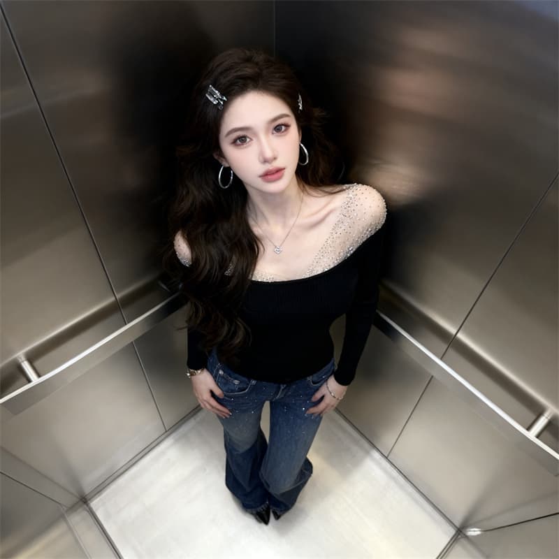 있음 보호 빛 럭셔리 디자인 센스 무거운 작업 핫픽스 품격 맨위 여성 빅 브이 넥 이슬 쇄골 동정 여성 기본 셔츠 상세 이미지 2