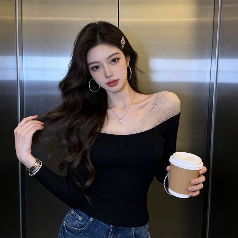 있음 보호 빛 럭셔리 디자인 센스 무거운 작업 핫픽스 품격 맨위 여성 빅 브이 넥 이슬 쇄골 동정 여성 기본 셔츠 상세 이미지 5