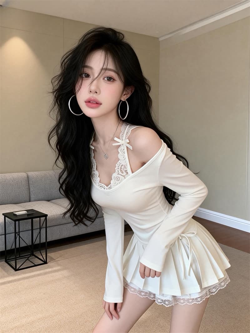 있음 보호 이른 봄 새로운 순수한 욕망 달콤한 매운맛 레이스 조각 티셔츠 여성 셔츠 페이크 레이어드 긴팔 기본 셔츠 인사이드 가져 가라. 이미지 2