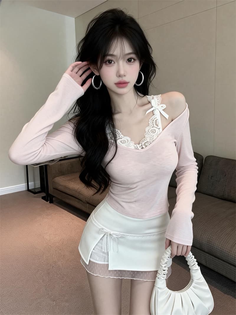 있음 보호 이른 봄 새로운 순수한 욕망 달콤한 매운맛 레이스 조각 티셔츠 여성 셔츠 페이크 레이어드 긴팔 기본 셔츠 인사이드 가져 가라. 이미지 3