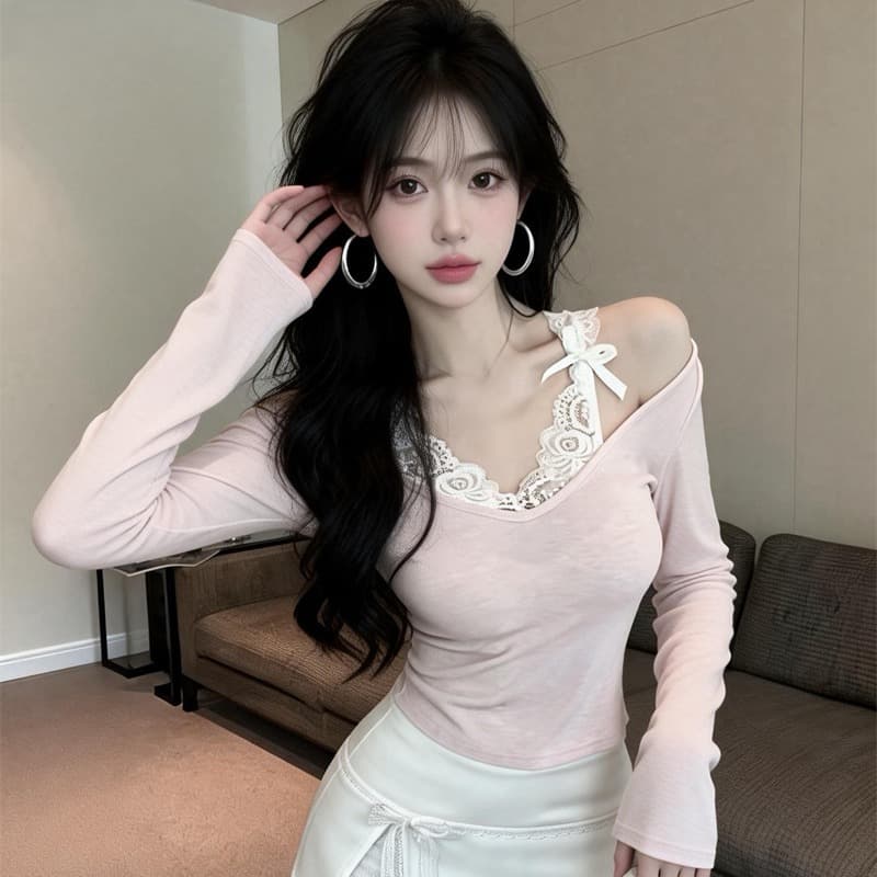 있음 보호 이른 봄 새로운 순수한 욕망 달콤한 매운맛 레이스 조각 티셔츠 여성 셔츠 페이크 레이어드 긴팔 기본 셔츠 인사이드 가져 가라. 이미지 5