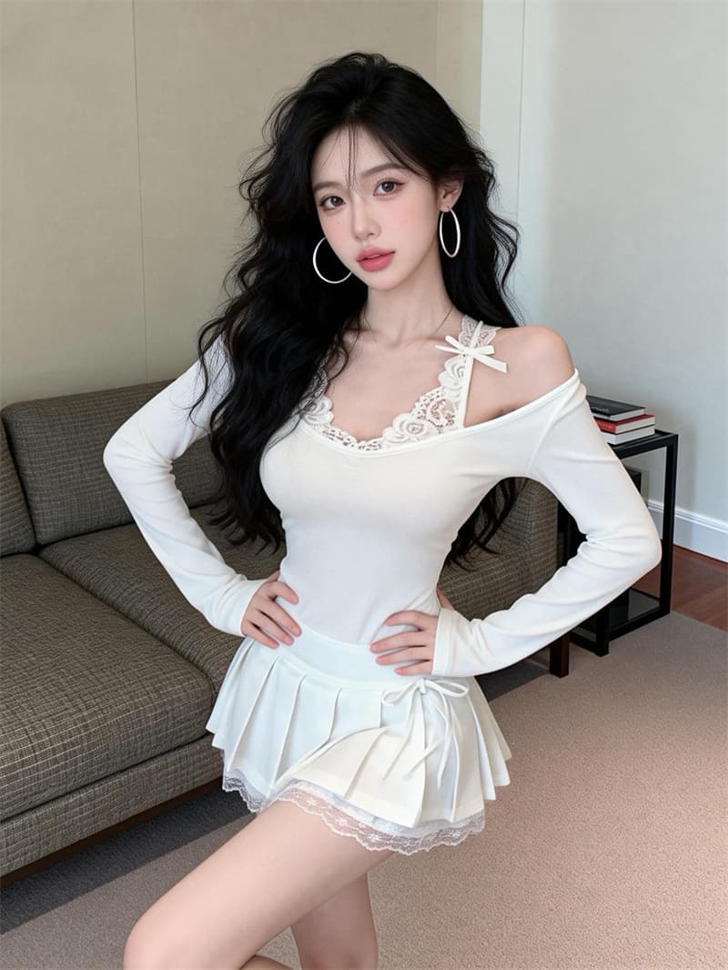 있음 보호 이른 봄 새로운 순수한 욕망 달콤한 매운맛 레이스 조각 티셔츠 여성 셔츠 페이크 레이어드 긴팔 기본 셔츠 인사이드 가져 가라. 상세 이미지 4