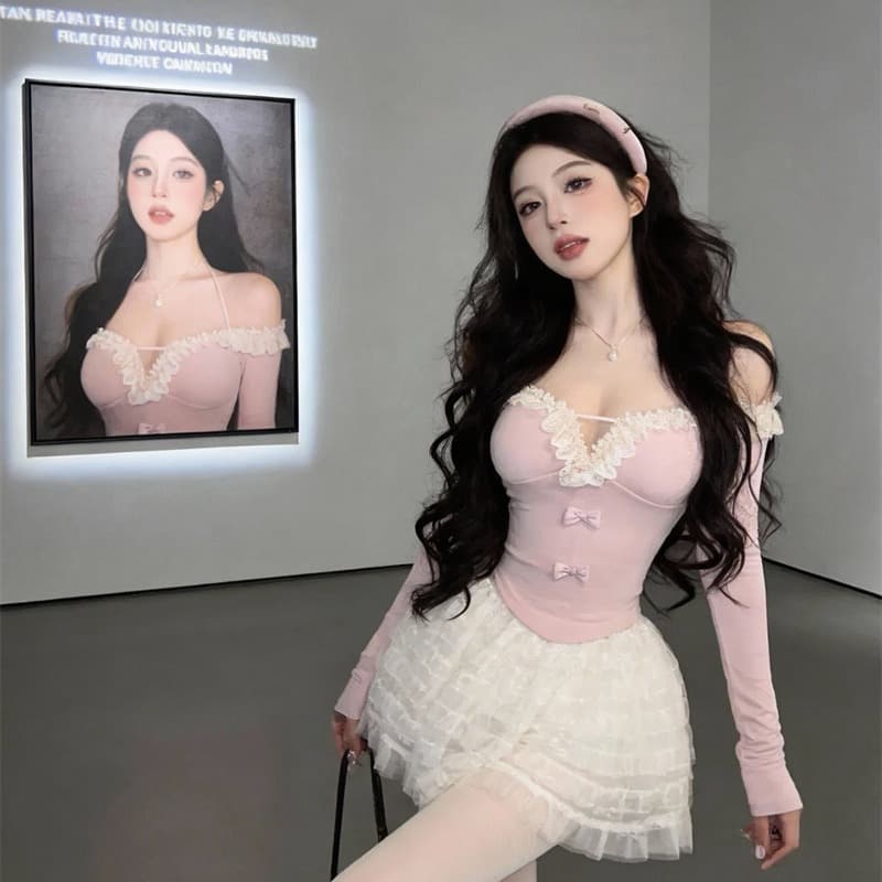 있음 보호 오프숄더 레이스 V넥 순수한 욕망 섹시함 행침 목 긴팔 맨위 몸매 가꾸기 슬림해 보이는 디자인 센스 티셔츠 인사이드 가져 가라.