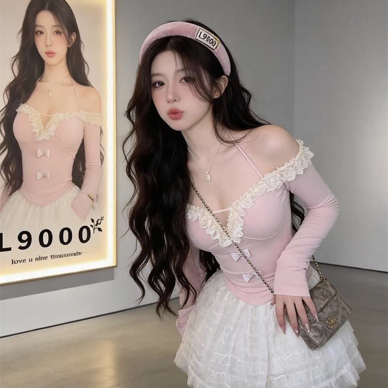 있음 보호 오프숄더 레이스 V넥 순수한 욕망 섹시함 행침 목 긴팔 맨위 몸매 가꾸기 슬림해 보이는 디자인 센스 티셔츠 인사이드 가져 가라. 이미지 5
