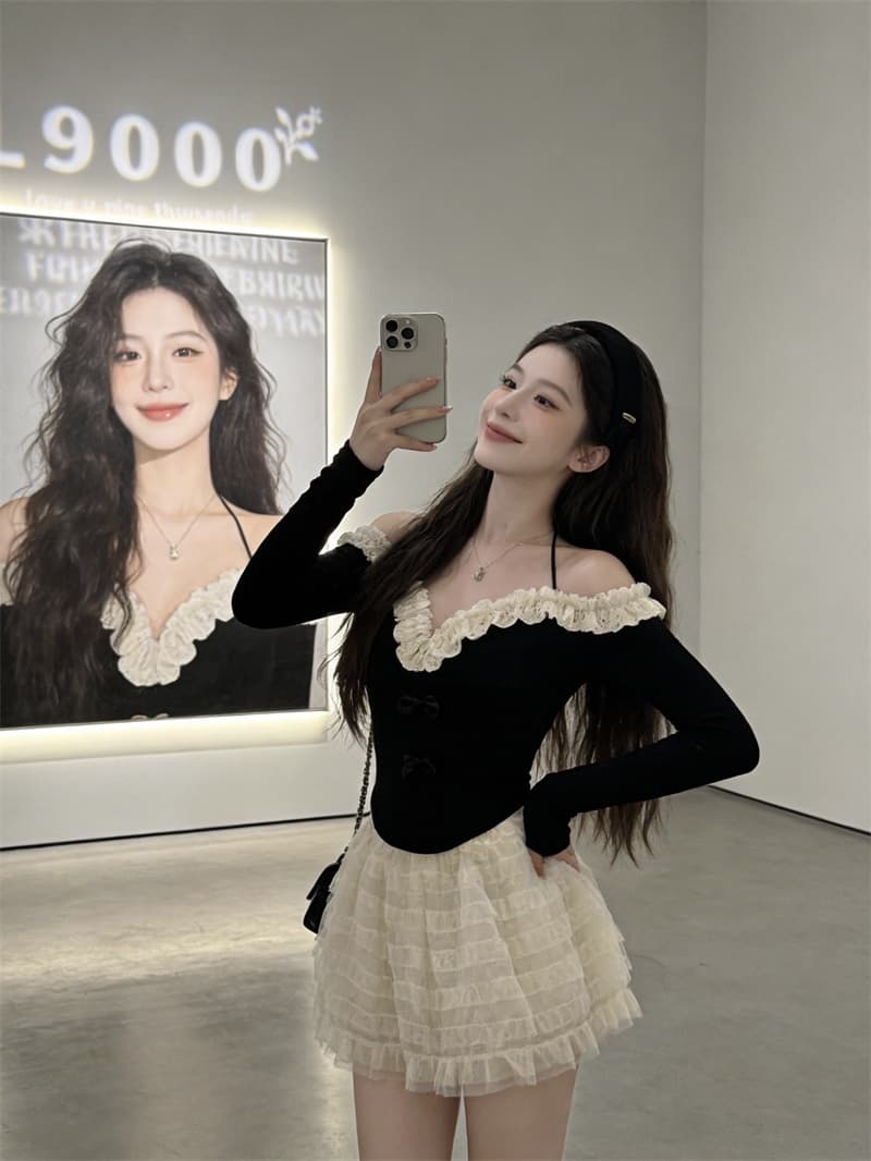 있음 보호 오프숄더 레이스 V넥 순수한 욕망 섹시함 행침 목 긴팔 맨위 몸매 가꾸기 슬림해 보이는 디자인 센스 티셔츠 인사이드 가져 가라. 상세 이미지 5