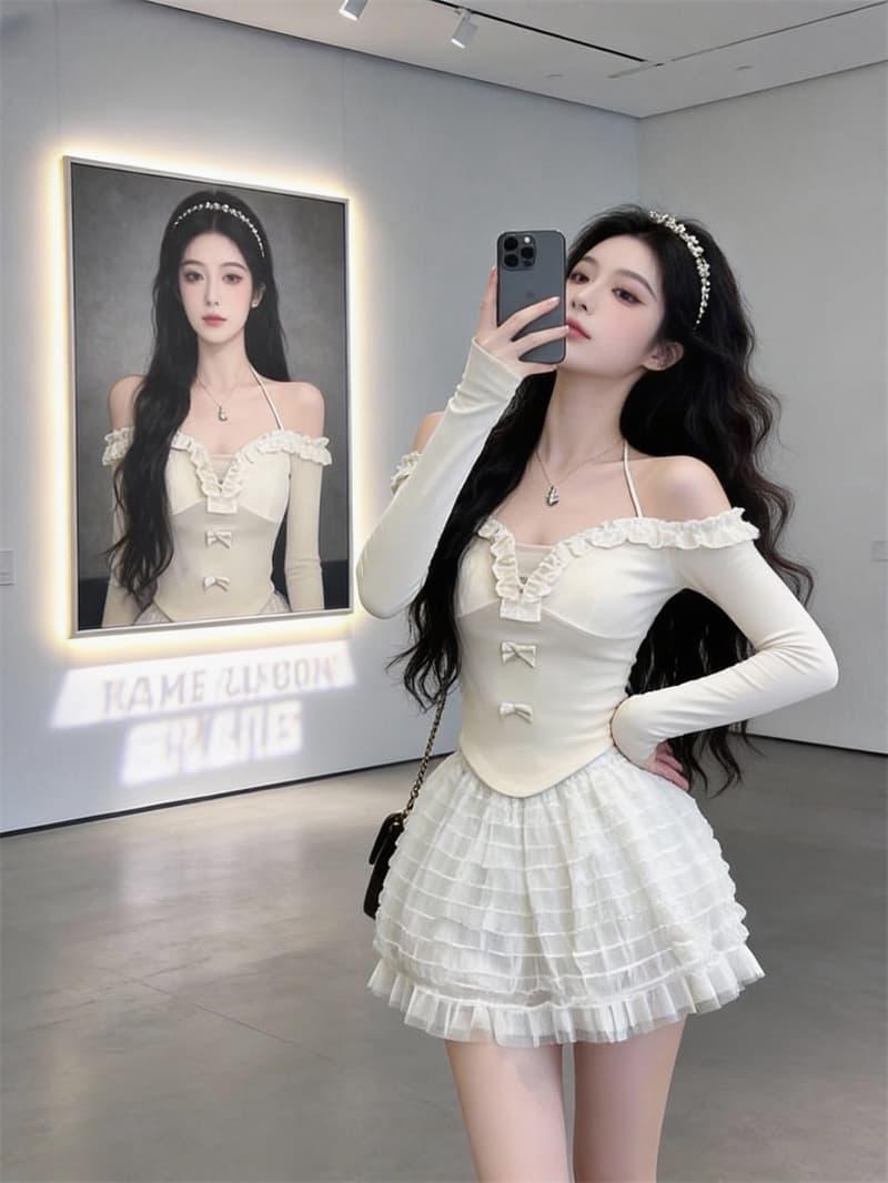 있음 보호 오프숄더 레이스 V넥 순수한 욕망 섹시함 행침 목 긴팔 맨위 몸매 가꾸기 슬림해 보이는 디자인 센스 티셔츠 인사이드 가져 가라. 상세 이미지 8