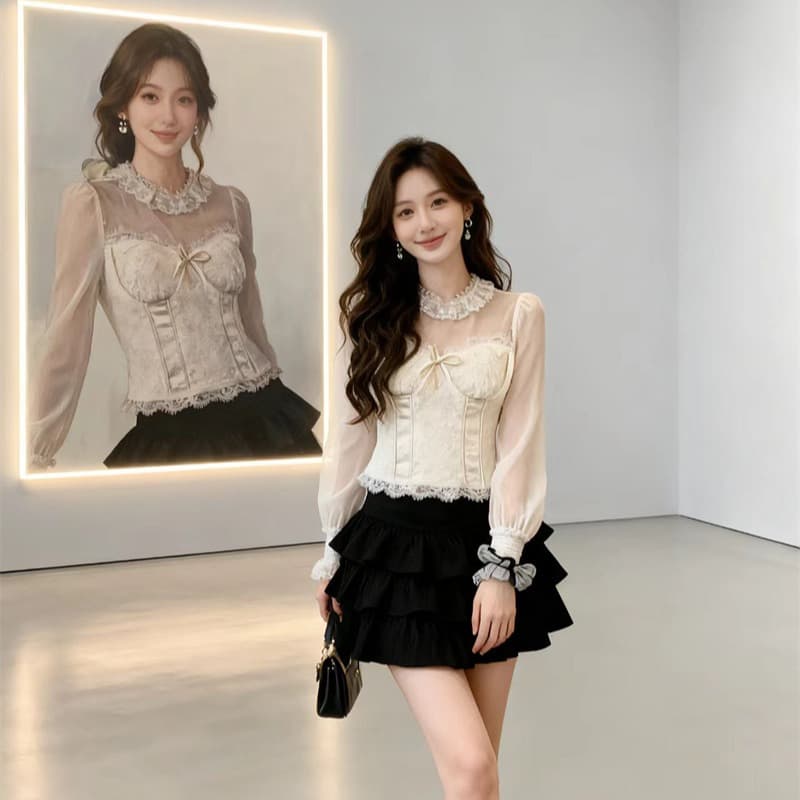 2026 봄 프랑스식 궁정 바람 레트로 망사 레이스 조각 인사이드 가져 가라. 여성 셔츠 무거운 작업 절묘한 허리 수축 셔츠 이미지 4