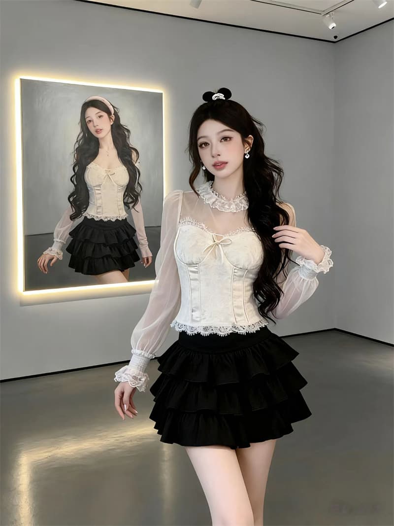 2026 봄 프랑스식 궁정 바람 레트로 망사 레이스 조각 인사이드 가져 가라. 여성 셔츠 무거운 작업 절묘한 허리 수축 셔츠 상세 이미지 5