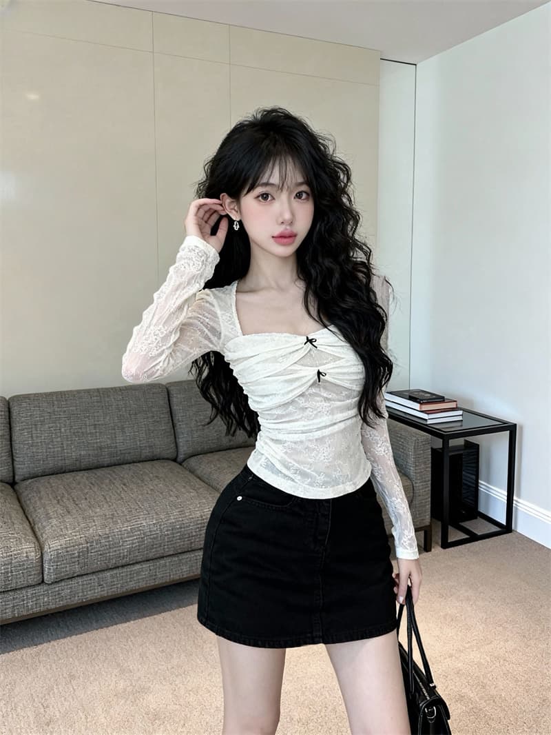 있음 보호 봄 새로운 분위기 센스 레이스 하트 망사 핀치 Pleat 작은 셔츠 맨위 여성 몸매 가꾸기 슬림해 보이는 티셔츠 여성 이미지 4