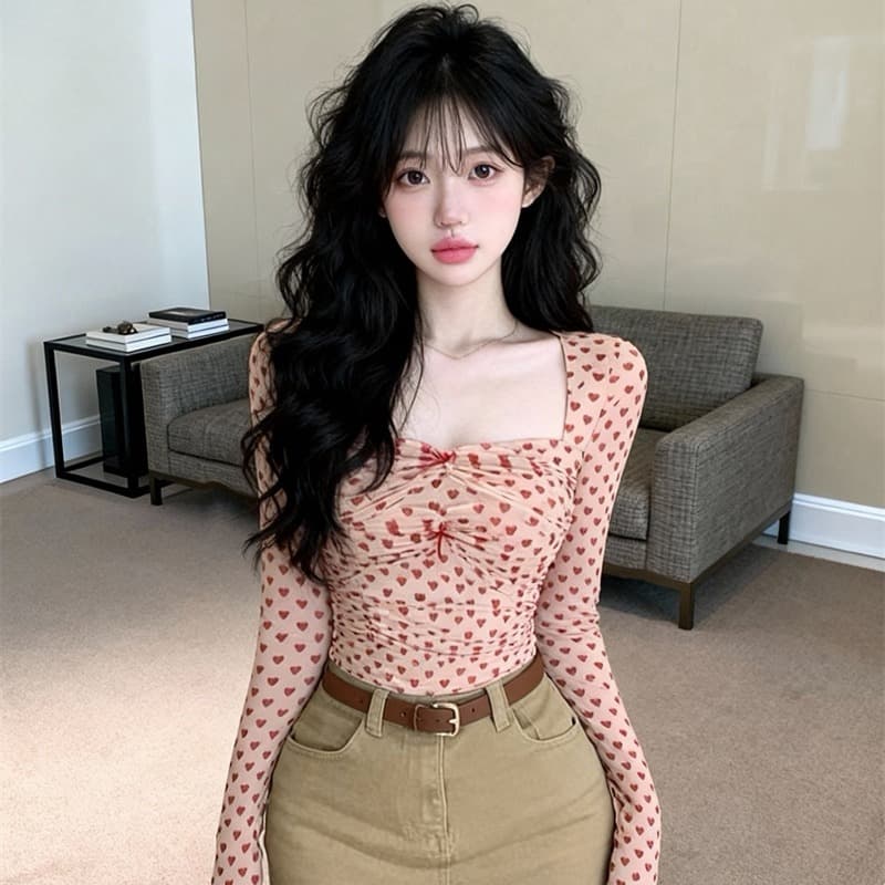 있음 보호 봄 새로운 분위기 센스 레이스 하트 망사 핀치 Pleat 작은 셔츠 맨위 여성 몸매 가꾸기 슬림해 보이는 티셔츠 여성 이미지 5
