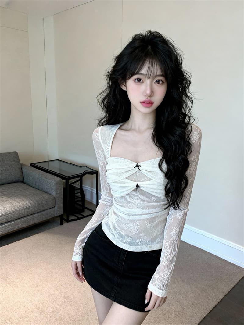 있음 보호 봄 새로운 분위기 센스 섹시함 V넥 레이스 셔츠 망사 핀치 Pleat 작은 셔츠 맨위 여성 몸매 가꾸기 슬림해 보이는 상세 이미지 1