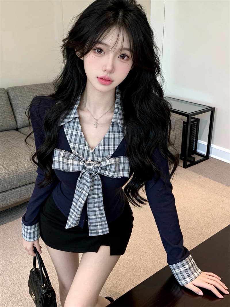 있음 보호 봄 새로운 페이크 레이어드 체크무늬 배색 디자인 몸매 가꾸기 슬림해 보이는 순수한 욕망 바람 긴팔 티셔츠 여성 셔츠 이미지 4