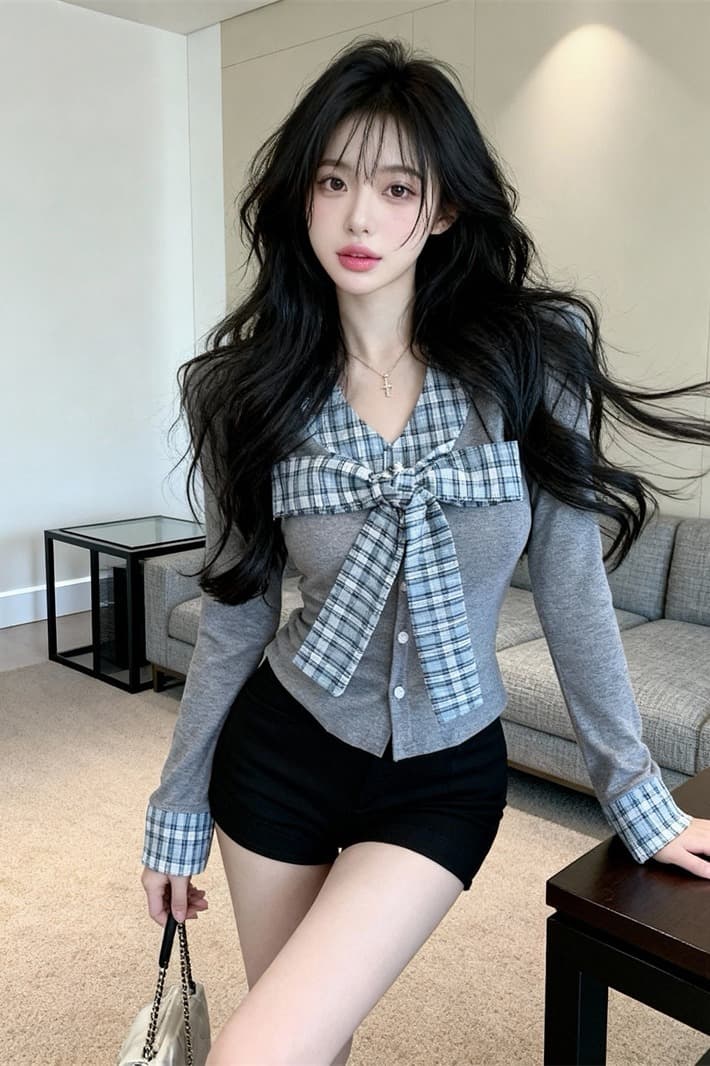 있음 보호 봄 새로운 페이크 레이어드 체크무늬 배색 디자인 몸매 가꾸기 슬림해 보이는 순수한 욕망 바람 긴팔 티셔츠 여성 셔츠 이미지 6