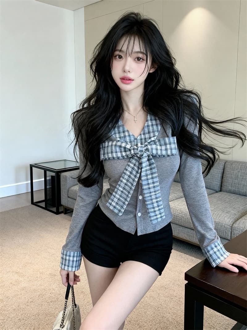 있음 보호 봄 새로운 페이크 레이어드 체크무늬 배색 디자인 몸매 가꾸기 슬림해 보이는 순수한 욕망 바람 긴팔 티셔츠 여성 셔츠 상세 이미지 3