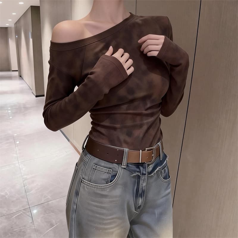 있음 보호 봄 새로운 순수한 욕망 바람 비스듬한 칼라 디자인 센스 레오파드 무늬 티셔츠 여성 몸매 가꾸기 슬림해 보이는 긴팔 맨위 인사이드 가져 가라. 상세 이미지 2