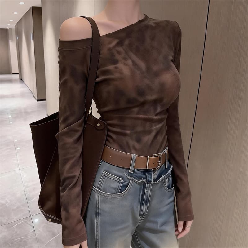 있음 보호 봄 새로운 순수한 욕망 바람 비스듬한 칼라 디자인 센스 레오파드 무늬 티셔츠 여성 몸매 가꾸기 슬림해 보이는 긴팔 맨위 인사이드 가져 가라. 상세 이미지 4