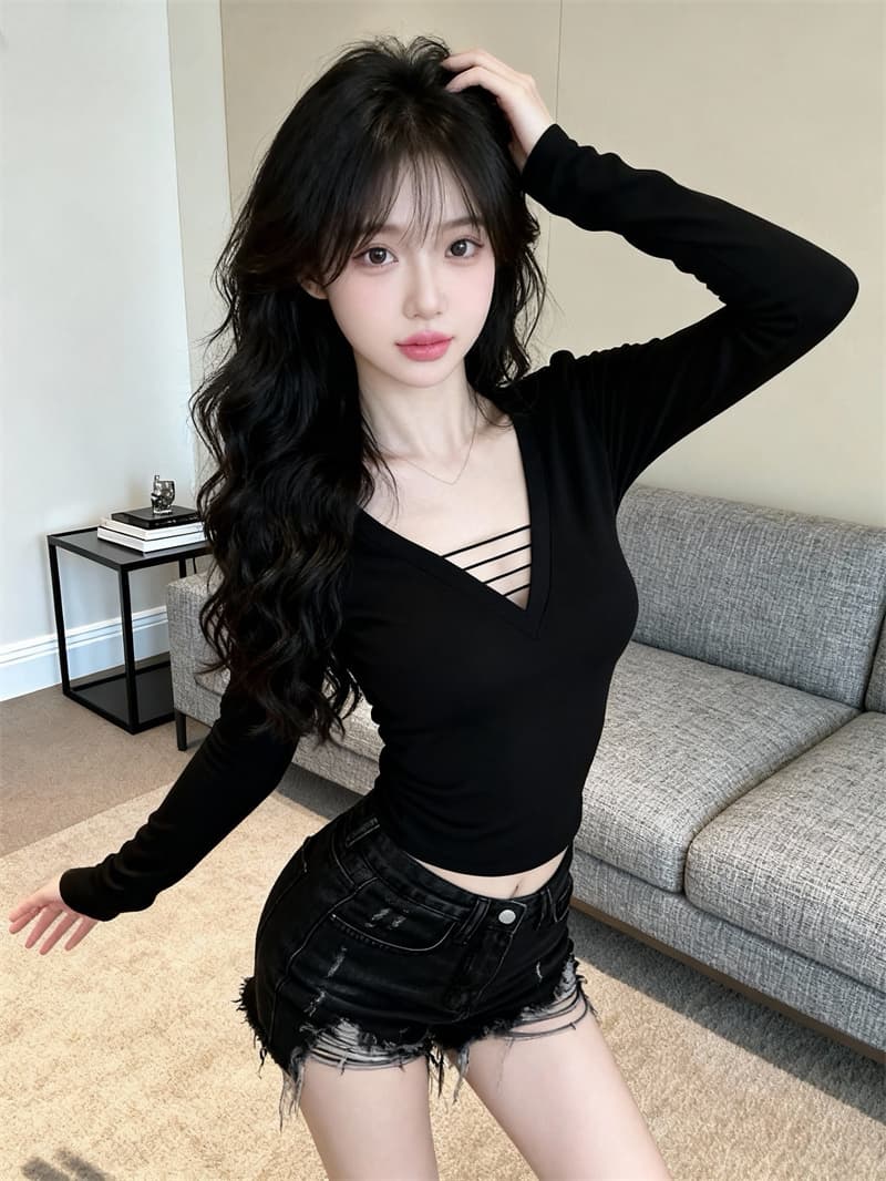 있음 보호 봄 새로운 순수한 욕망 바람 v 넥타이 가슴 패드 긴팔 기본 셔츠 여성 달콤한 매운맛 인사이드 가져 가라. 티셔츠 맨위 상세 이미지 3