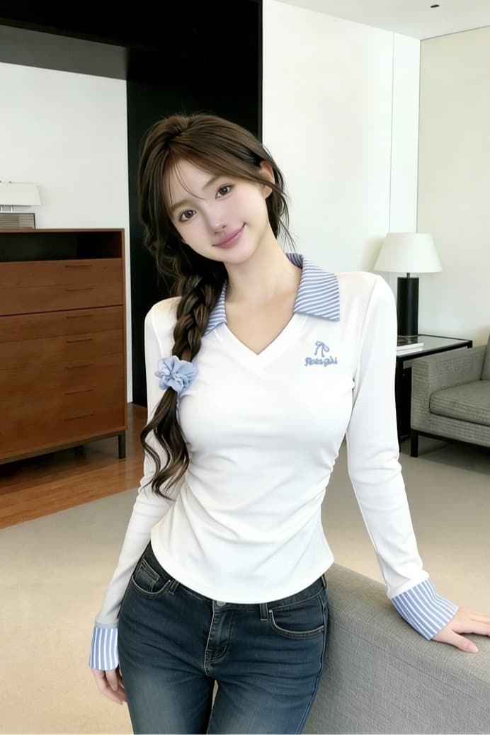 있음 보호 봄 핫걸 폴로 칼라 긴팔 기본 셔츠 여성 스트라이프 패치워크 자수 맨위 허리 수축 슬림해 보이는 티셔츠 여성 이미지 6