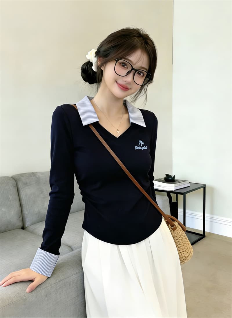 있음 보호 봄 핫걸 폴로 칼라 긴팔 기본 셔츠 여성 스트라이프 패치워크 자수 맨위 허리 수축 슬림해 보이는 티셔츠 여성 상세 이미지 7