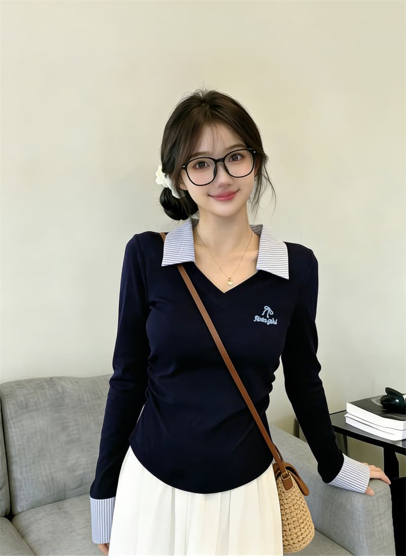 있음 보호 봄 핫걸 폴로 칼라 긴팔 기본 셔츠 여성 스트라이프 패치워크 자수 맨위 허리 수축 슬림해 보이는 티셔츠 여성 상세 이미지 9