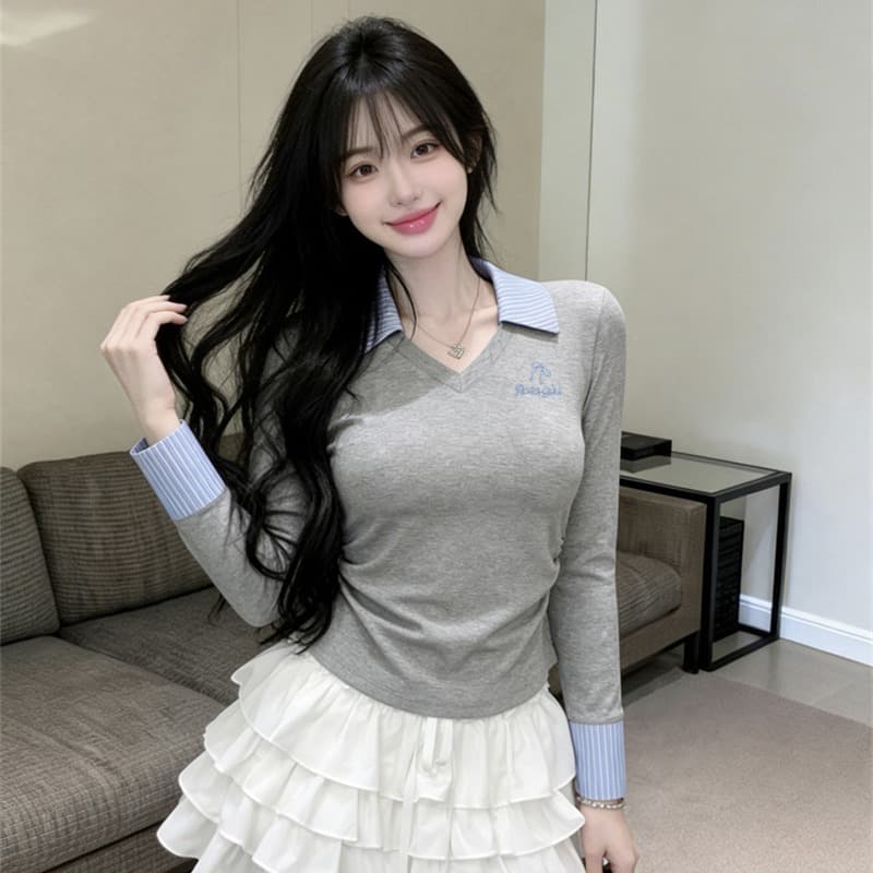 있음 보호 봄 핫걸 폴로 칼라 긴팔 기본 셔츠 여성 스트라이프 패치워크 자수 맨위 허리 수축 슬림해 보이는 티셔츠 여성 이미지 5