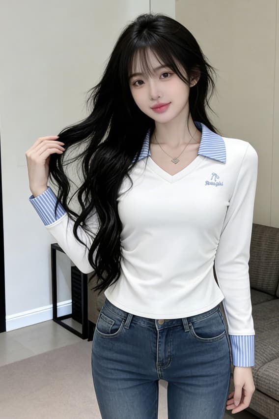 있음 보호 봄 핫걸 폴로 칼라 긴팔 기본 셔츠 여성 스트라이프 패치워크 자수 맨위 허리 수축 슬림해 보이는 티셔츠 여성 이미지 6