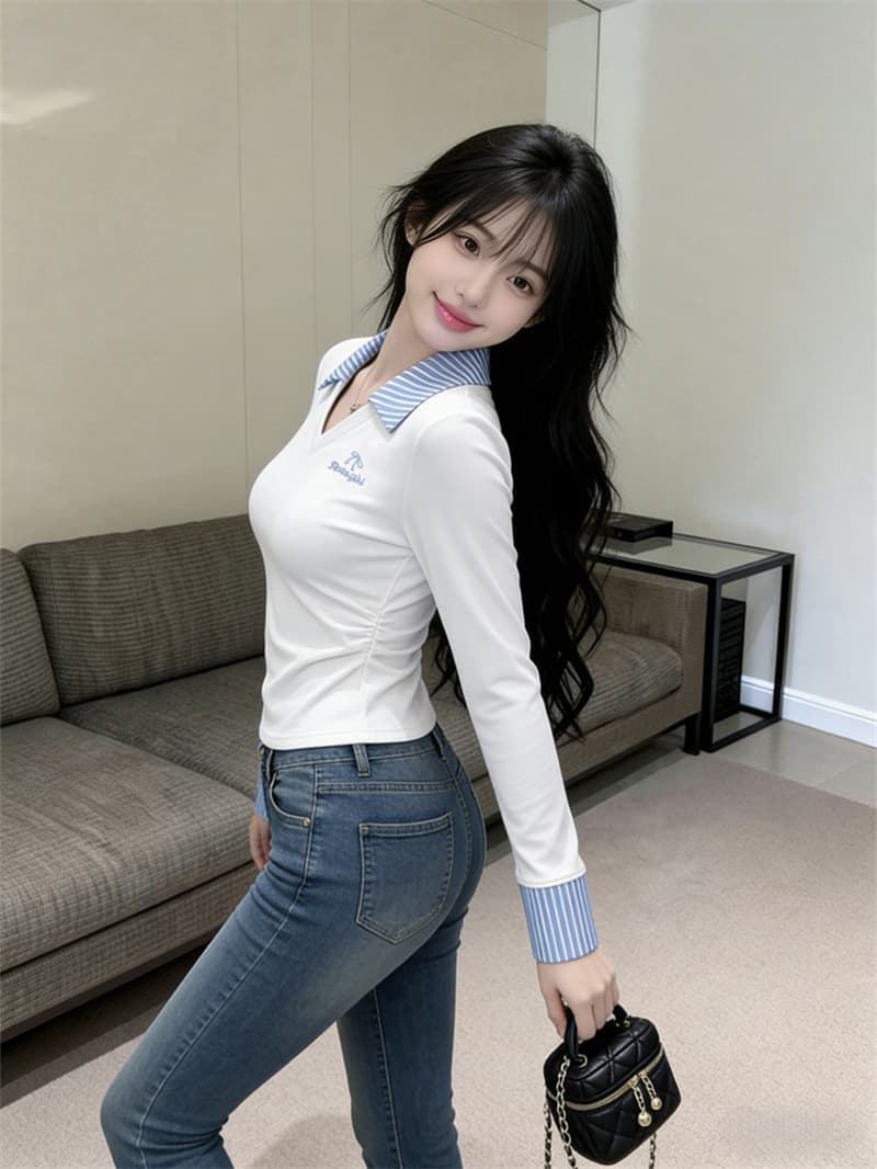 있음 보호 봄 핫걸 폴로 칼라 긴팔 기본 셔츠 여성 스트라이프 패치워크 자수 맨위 허리 수축 슬림해 보이는 티셔츠 여성 상세 이미지 2