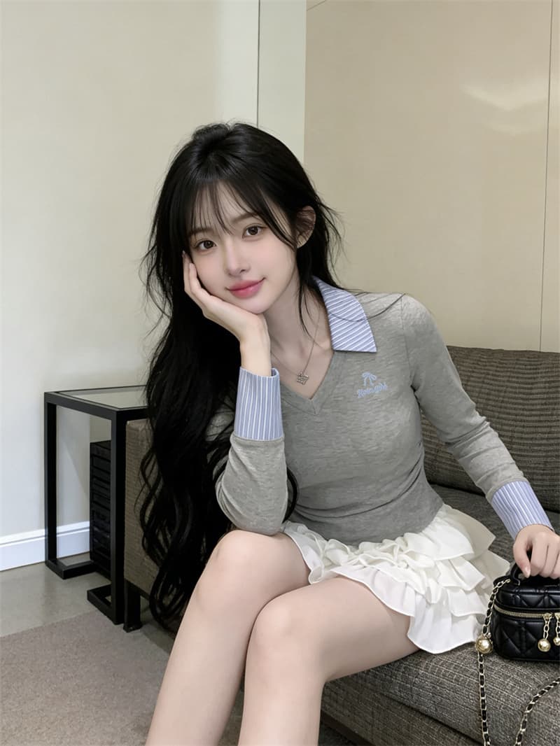 있음 보호 봄 핫걸 폴로 칼라 긴팔 기본 셔츠 여성 스트라이프 패치워크 자수 맨위 허리 수축 슬림해 보이는 티셔츠 여성 상세 이미지 13