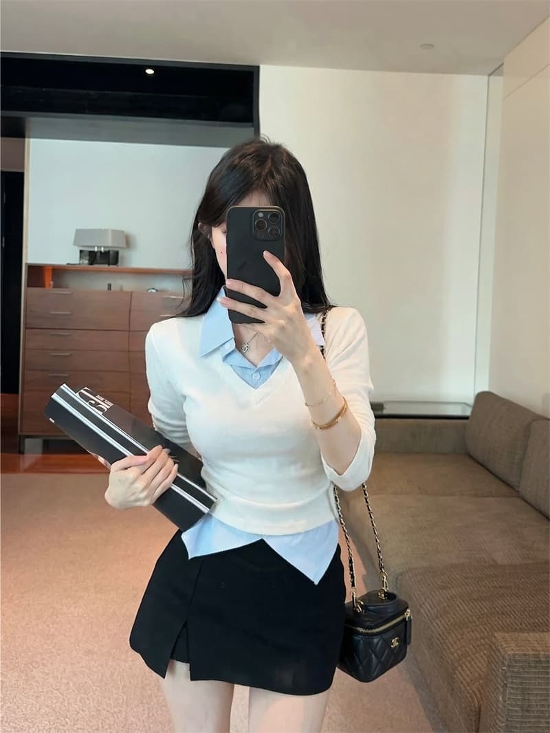 실사 봄 새로운 높음 지혜 센스 패션 페이크 레이어드 긴팔 패치워크 여성 셔츠 학원 스타일 티셔츠 맨위 이미지 2