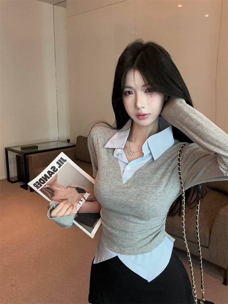 실사 봄 새로운 높음 지혜 센스 패션 페이크 레이어드 긴팔 패치워크 여성 셔츠 학원 스타일 티셔츠 맨위 상세 이미지 5