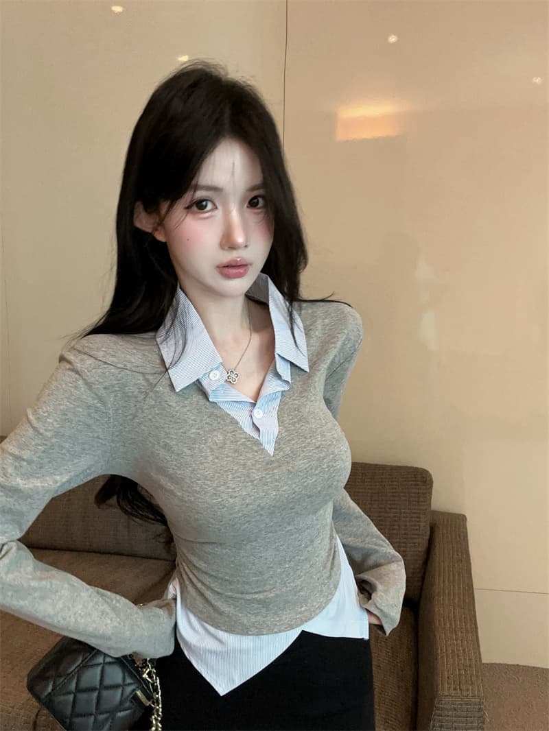 실사 봄 새로운 높음 지혜 센스 패션 페이크 레이어드 긴팔 패치워크 여성 셔츠 학원 스타일 티셔츠 맨위 상세 이미지 6
