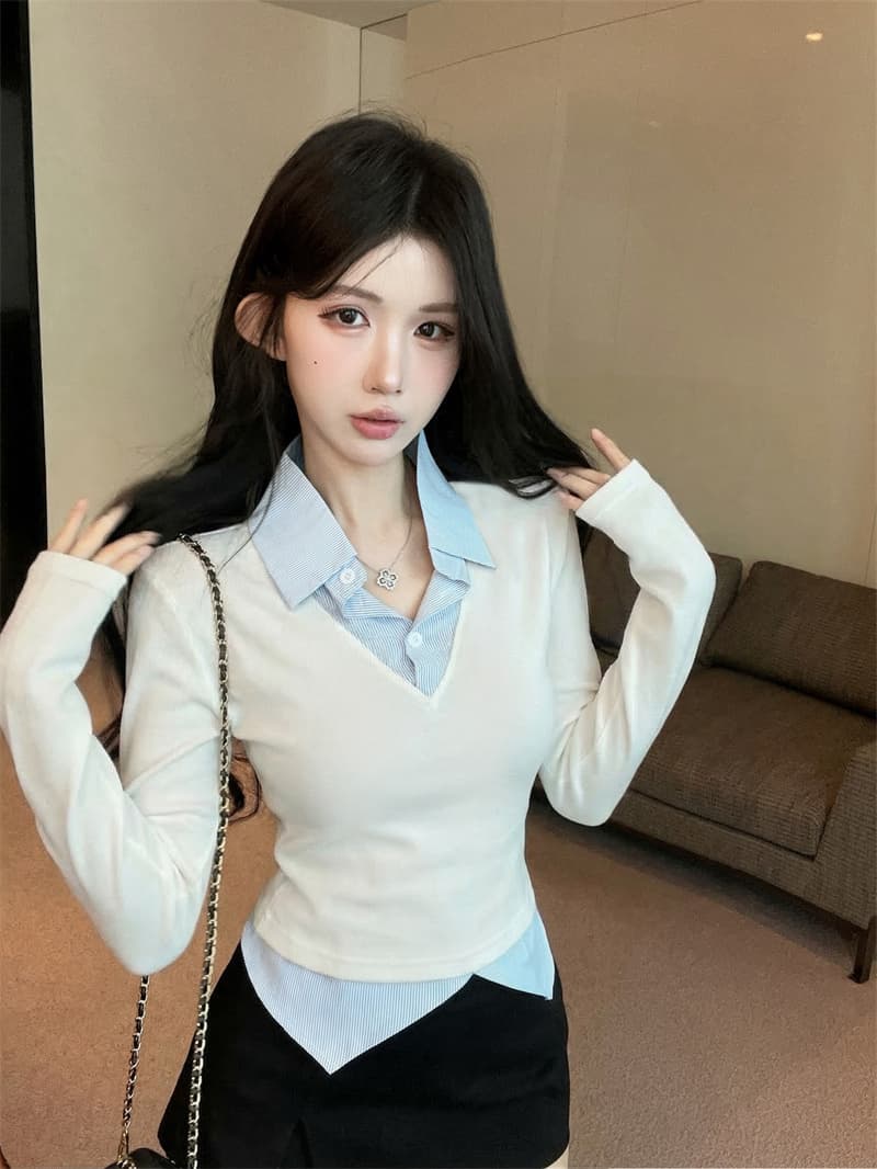 실사 봄 새로운 높음 지혜 센스 패션 페이크 레이어드 긴팔 패치워크 여성 셔츠 학원 스타일 티셔츠 맨위 상세 이미지 13