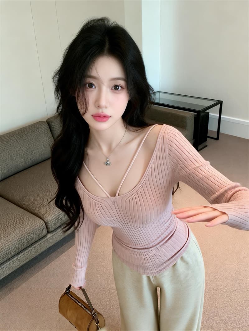 있음 보호 봄 새로운 핫걸 섹시함 로얄 자매 V넥 몸매 가꾸기 타이트 긴팔 니트 스웨터 여성 새로운 맨위 상세 이미지 3