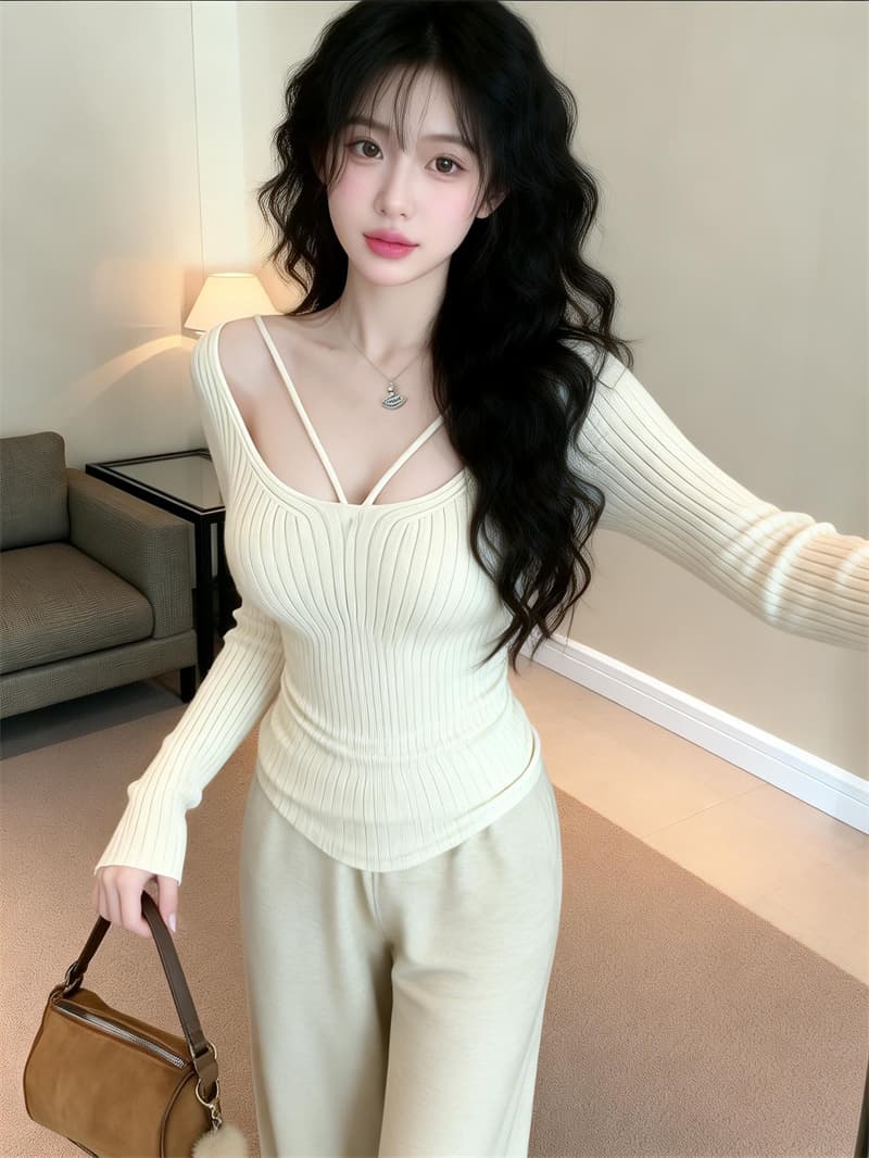 있음 보호 봄 새로운 핫걸 섹시함 로얄 자매 V넥 몸매 가꾸기 타이트 긴팔 니트 스웨터 여성 새로운 맨위 상세 이미지 7